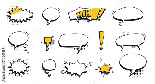 Comic bookstyle speech bubbles in various shapes and yellow highlighted sections with black outlines and halftone dots