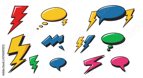 Comicstyle illustration featuring speech bubbles and lightning bolts in various colors with distinct black outlines