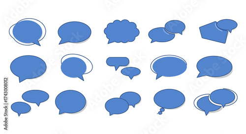 Fifteen blue chat bubble icons with varying shapes and arrangements are displayed on a white background