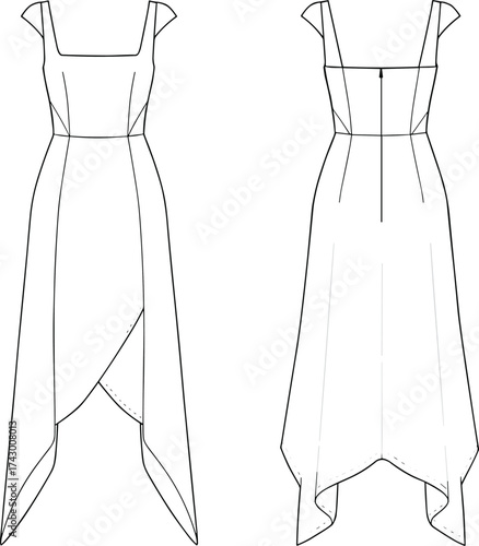 Asymmetrical hem dress flat sketch, vector fashion illustration, CAD garment drawing, square neckline, cap sleeve, wrap style skirt design template