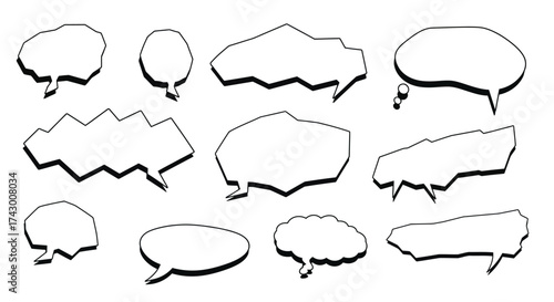 Graphic an array of white comicstyle speech bubbles with heavy black outlines