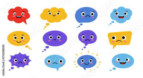Graphic cartoon thought bubbles displaying varied emotions