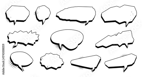 Graphic Comic speech bubbles varied shapes white fill black outlines halftone shadows