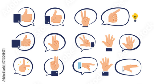 Hand gestures in speech bubbles including thumbsup peace signs pointing and open hands A lightbulb is also present