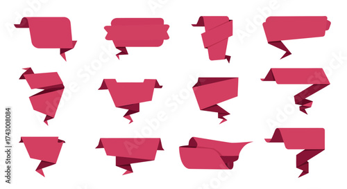 Graphic ribbons Twelve angular pink banners Variety shapes some folded on white