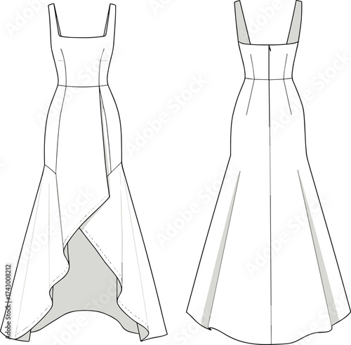High low hem dress flat sketch, vector fashion illustration, CAD garment drawing, square neckline, fitted bodice, layered asymmetrical skirt design