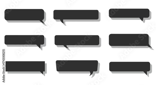 Nine gray cartoonstyle chat boxes are arranged on a white background each casting a light drop shadow