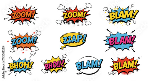 Nine comicstyle word bubbles showcase onomatopoeia like ZOOM and BLAM in varied fonts and color schemes