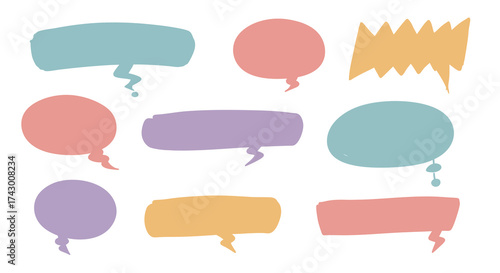 Nine pastelcolored speech bubbles of varying shapes float against a white background