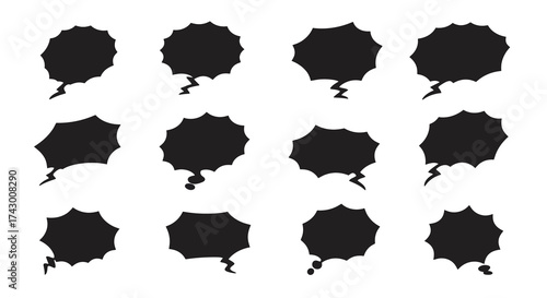 Set of 12 black comic speech bubbles with jagged edges and various tail designs on a white background