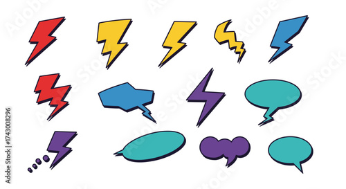 The image features a collection of stylized lightning bolt and speech bubble graphic designs in vibrant primary and secondary colors