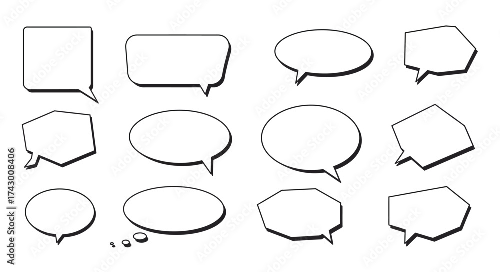 Obraz premium Twelve comic speech bubbles with varying shapes and sizes rendered in a bold outlined style