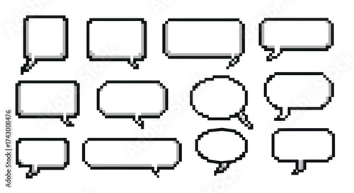 Twelve pixelated speech bubbles are arranged on a white background