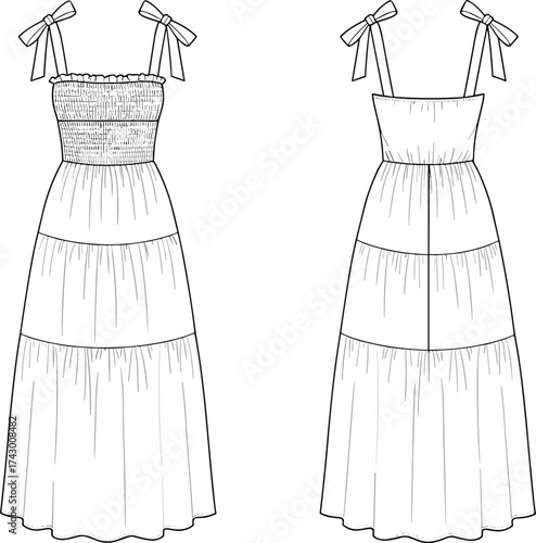 Tiered sundress flat sketch, vector fashion illustration, smocked bodice dress, shoulder tie straps, flowing tiered skirt, summer apparel design template