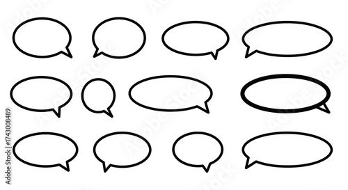 Twelve speech bubbles arranged in three rows varying in shapes and line thickness