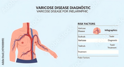 Infographic showing an anatomical diagram of the veins in the upper body and arm, along with a list of varicose disease risk factors