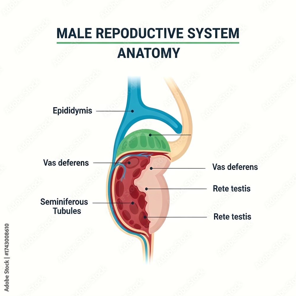 Obraz premium Anatomy diagram of the male reproductive system, illustrating the testis, epididymis, vas deferens, seminiferous tubules, and rete testis