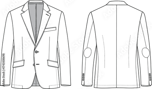 Men’s blazer flat sketch, vector fashion illustration, CAD garment drawing, tailored jacket design, notched lapel, two button closure template