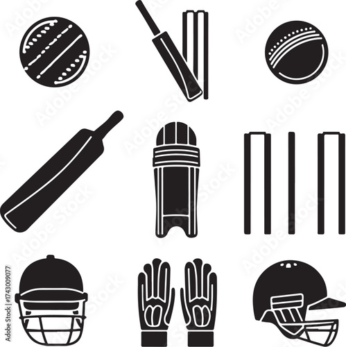 Black and white cricket equipment icons graphic sport