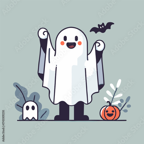 Flat illustration of a person wearing a Halloween ghost costume with a bat and a pumpkin