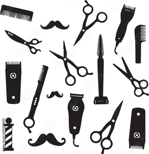 Black Barber Tools and Moustaches Silhouette Collection