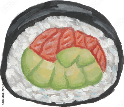 Delicious maki sushi rolls with avocado and tuna hand drawn watercolor