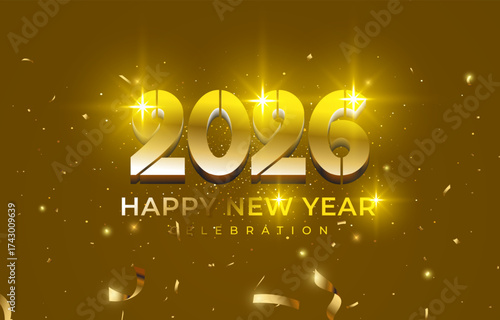 happy new year 2026 background with golden 3d text and shiny sparkle