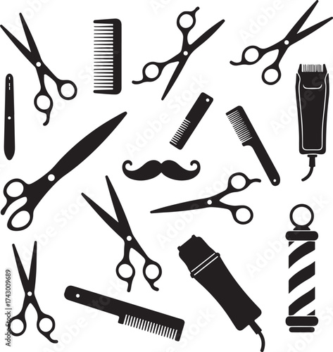 Black barber tools and mustache silhouette collection