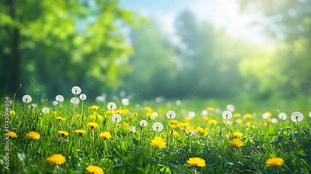 Fototapeta premium Wild Dandelions and Yellow Flowers on Green Meadow at Sunny Spring Season