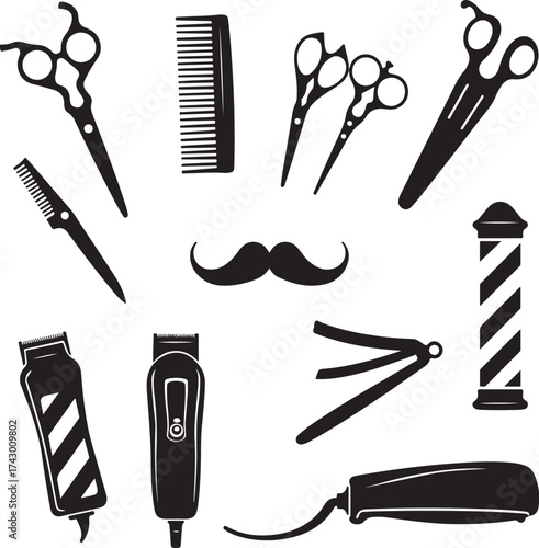 Black barber tools and mustache silhouette collection