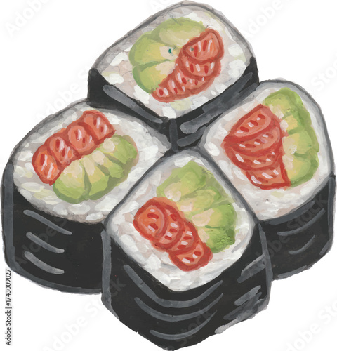 Delicious maki sushi rolls with avocado and tuna hand drawn watercolor