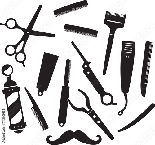Black barber tools and mustache silhouette collection