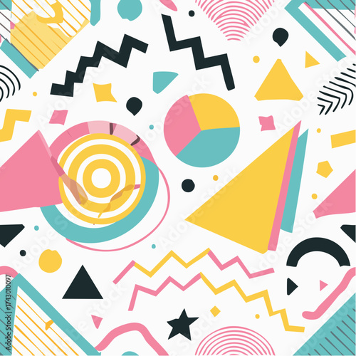 Vibrant Memphis-style pattern bursting with energy, ideal for fun brands, youth marketing, or nostalgic retro themes.