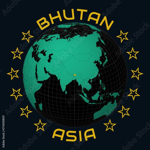 Kingdom of Bhutan on Globe. Round country and continent name text. Country view on world map in Black Emerald color palette. Bhutan shape on map. Stylish vector illustration.