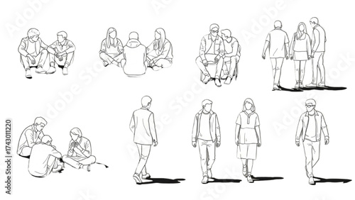 CAD Drawings Set – People Outlines Walking, Standing, Isolated on White Background Vector Illustration AI EPS PNG