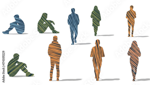CAD Drawings Set – People Outlines Walking, Standing, Isolated on White Background Vector Illustration AI EPS PNG