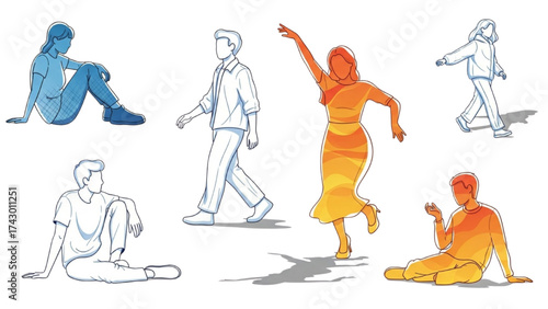 CAD Drawings Set – People Outlines Walking, Standing, Isolated on White Background Vector Illustration AI EPS PNG