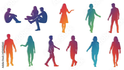 CAD Drawings Set – People Outlines Walking, Standing, Isolated on White Background Vector Illustration AI EPS PNG