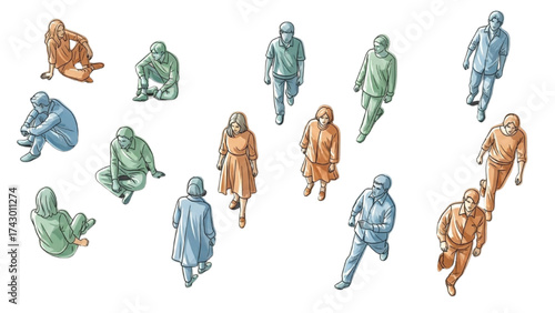 CAD Drawings Set – People Outlines Walking, Standing, Isolated on White Background Vector Illustration AI EPS PNG