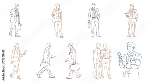 CAD Drawings Set – People Outlines Walking, Standing, Isolated on White Background Vector Illustration AI EPS PNG