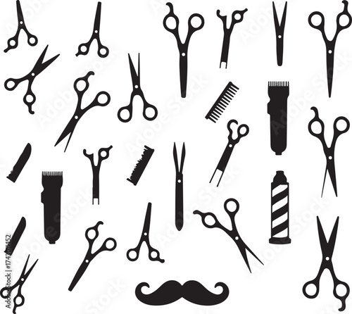 Black Silhouette Barber Tools and Mustache Pattern