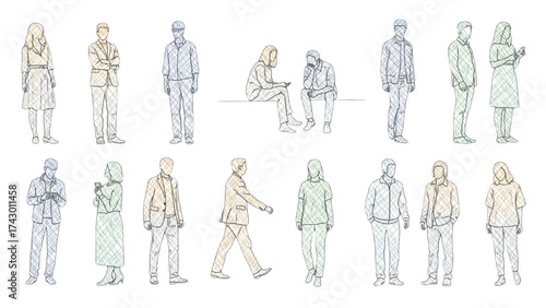 CAD Drawings Set – People Outlines Walking, Standing, Isolated on White Background Vector Illustration AI EPS PNG