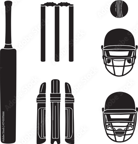 Black silhouette cricket bat stumps ball helmets and pads