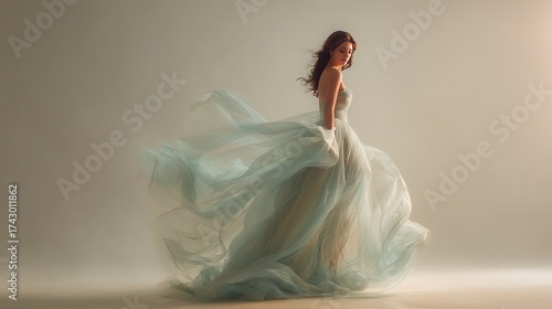 Wallpaper Mural A woman, in a flowing, light blue dress, poses in a studio, her hair blowing back, lit by soft light Torontodigital.ca