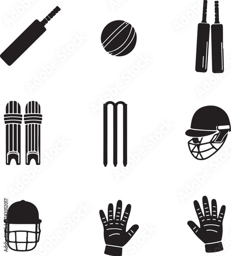 Black silhouette cricket equipment icons on white sport