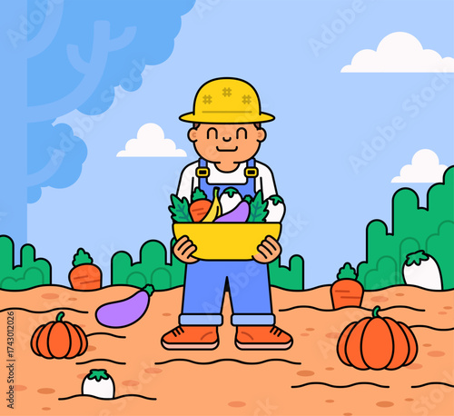 Happy farmer holding a basket full of fresh vegetables like carrots, eggplants, and pumpkins represents organic farming, agriculture, harvest, and healthy food vector illustration