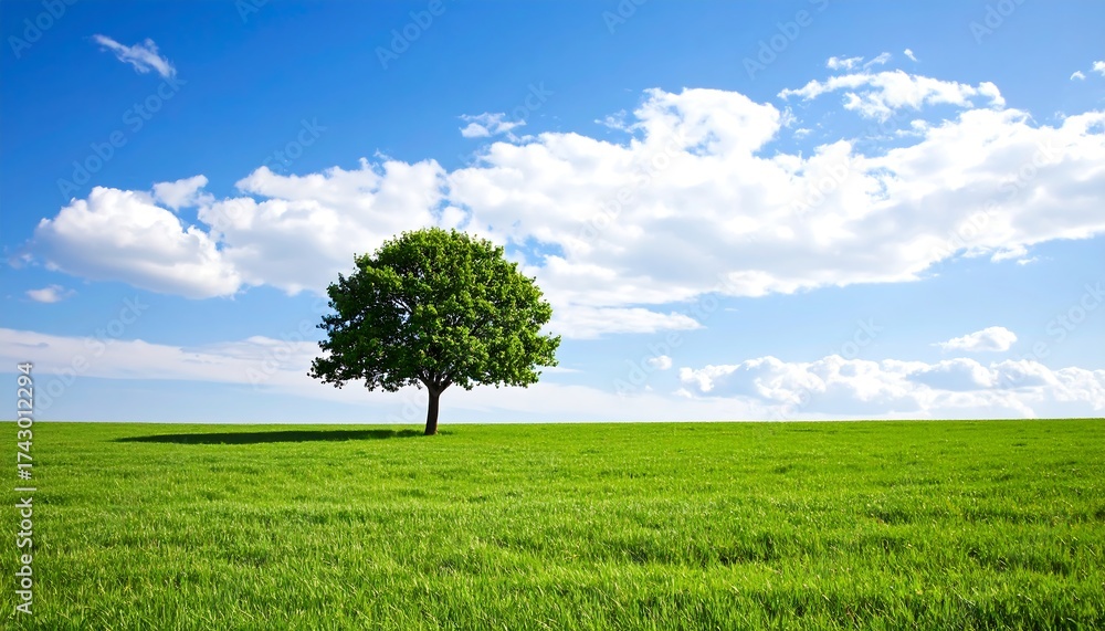 Obraz premium Majestic lone tree in a vibrant green field under a blue sky with fluffy clouds.
