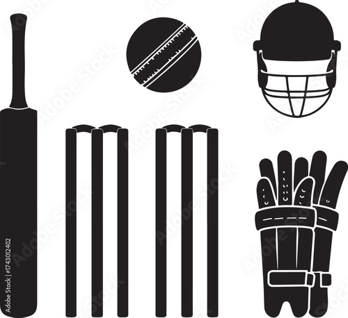 Black silhouette cricket equipment on white background