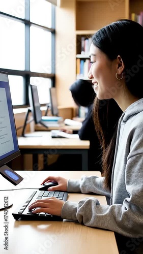 Smiling Young Asian Woman Working on Computer with Keyboard and Mouse in Modern Office or Library Environment Productive Student Using Technology for Study or W