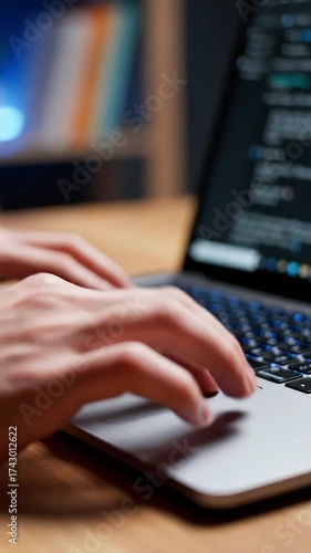Hands typing code on a laptop keyboard with glowing blue backlight Software developer working on programming focused on digital technology and coding script